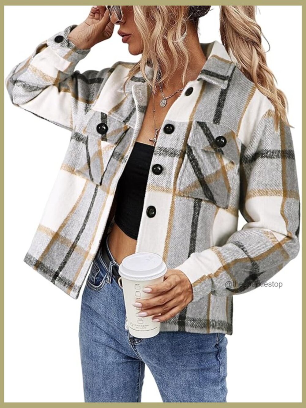Cropped Plaid Shacket Flannel Button Down Long Sleeve Jacket Coat